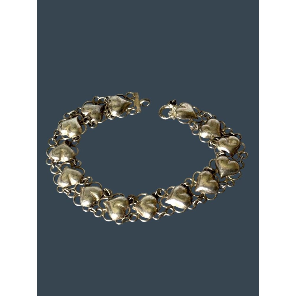 Vintage Sterling Silver Heart Link Bracelet 7.5" 925 Marked On Clasp Elegant Gif - Picture 2 of 5